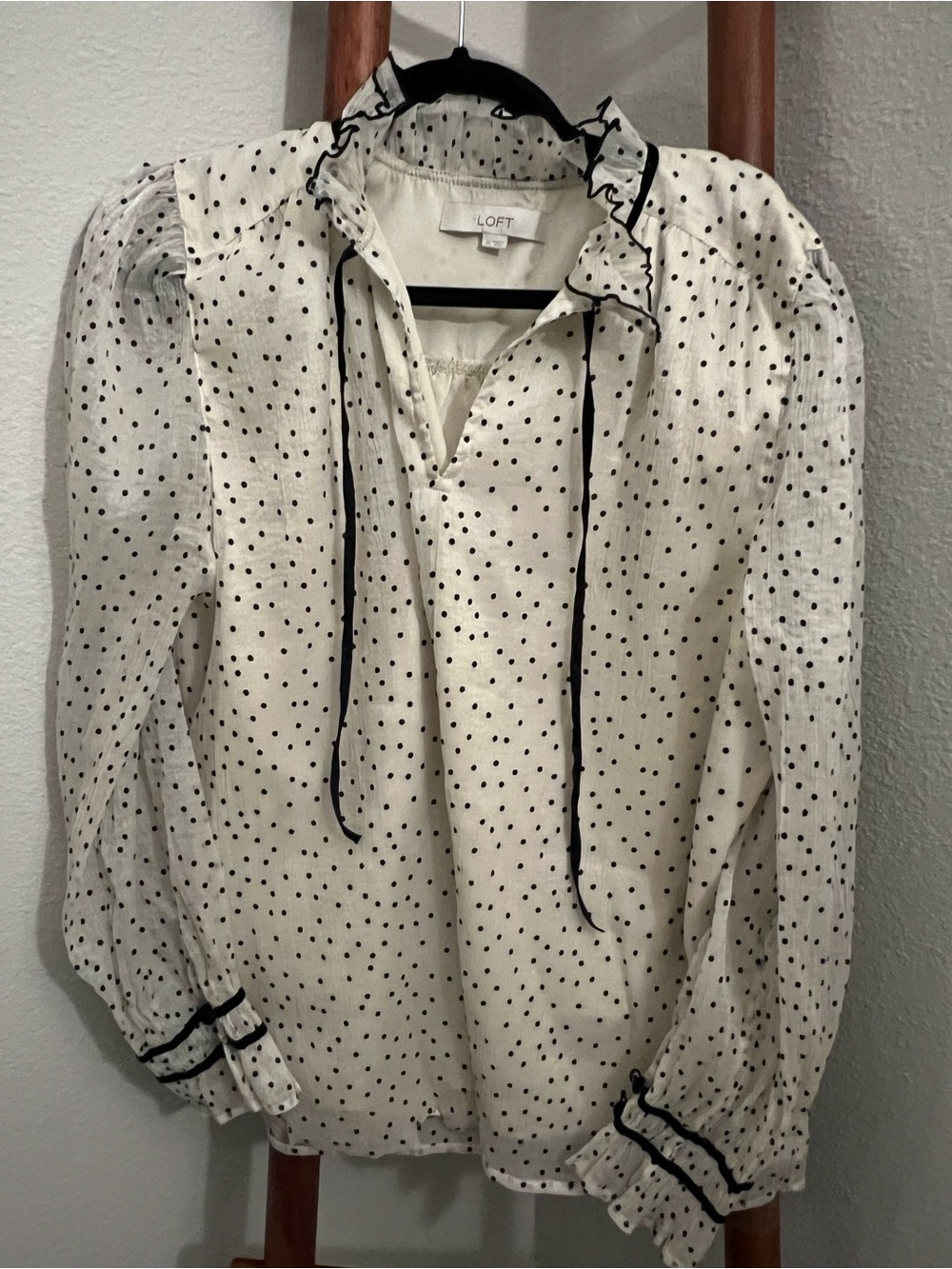LOFT Ivory and Black Polka Dot Ruffle Tie-Neck Blouse